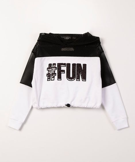 blusa cropped com recorte em tela "fun" off white