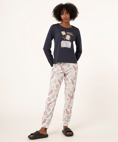 pijama manga longa + calça café da manhã azul marinho