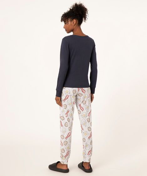 pijama manga longa + calça café da manhã azul marinho
