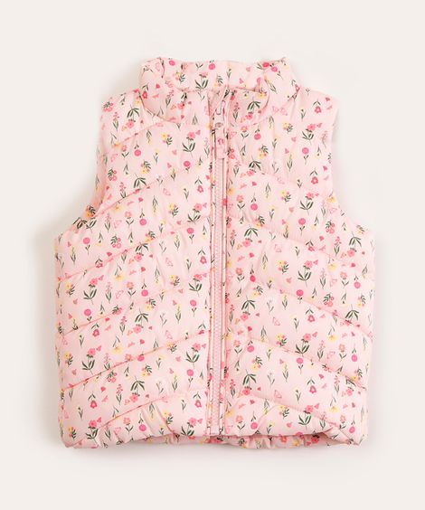 colete infantil puffer floral rosa claro