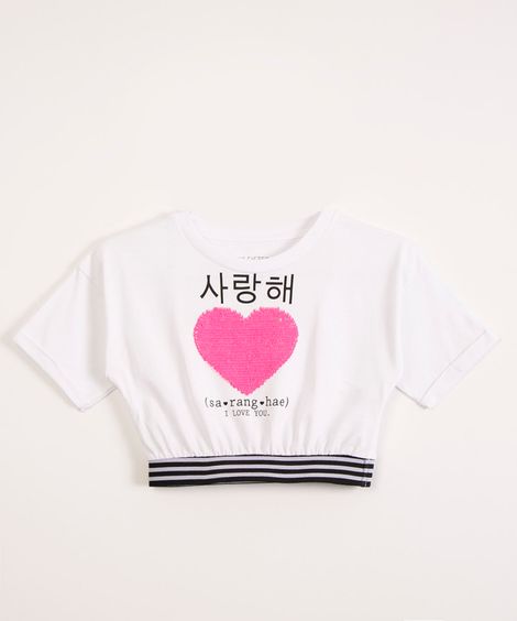 blusa juvenil cropped manga curta com paetê off white