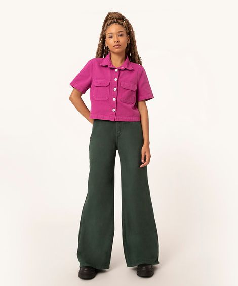 calça wide leg de sarja cintura super alta verde escuro