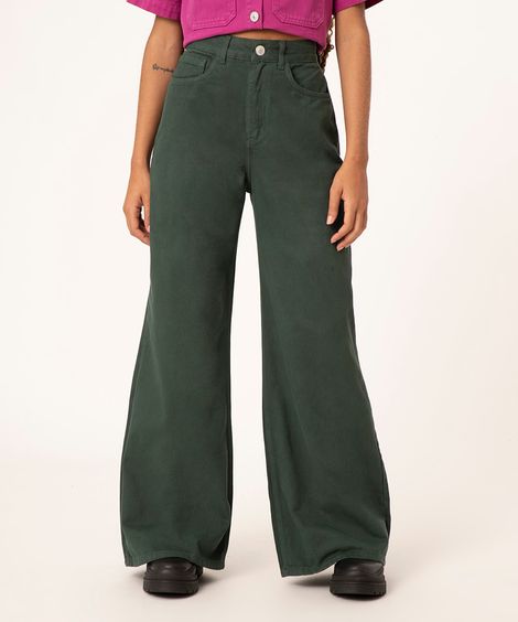 calça wide leg de sarja cintura super alta verde escuro