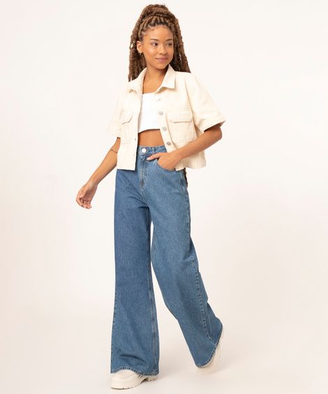 calça wide leg jeans cintura super alta azul medio