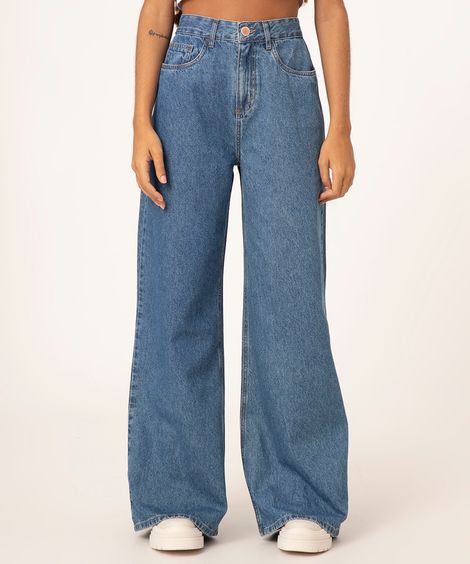 calça wide leg jeans cintura super alta azul medio