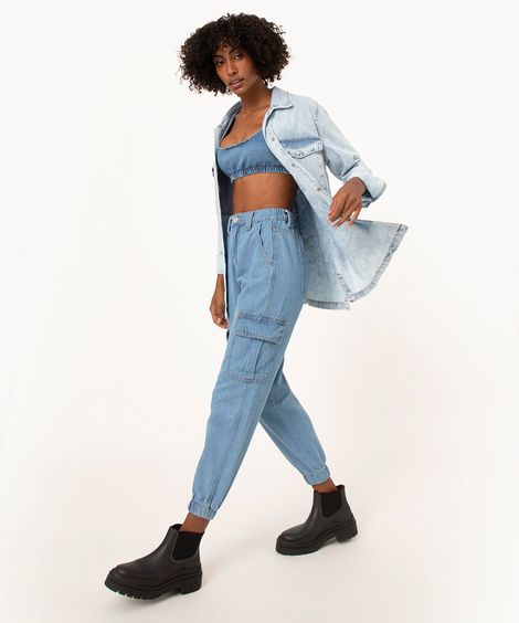 calça jogger cargo jeans azul médio
