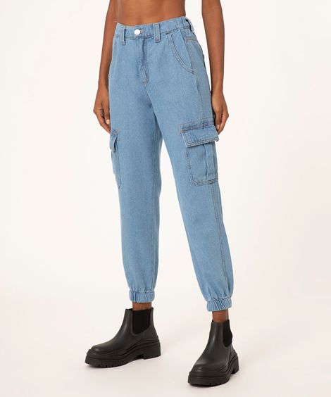 calça jogger cargo jeans azul médio