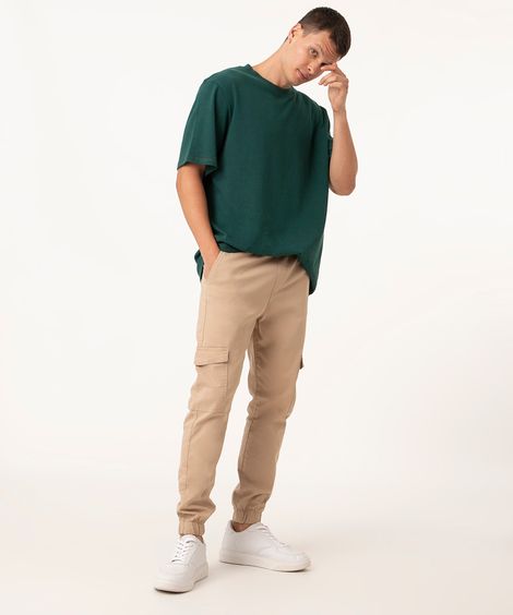 calça jogger cargo de sarja com cordão kaki