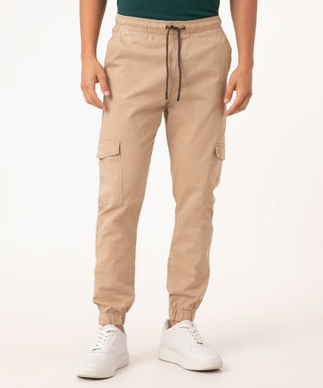 calça jogger cargo de sarja com cordão kaki