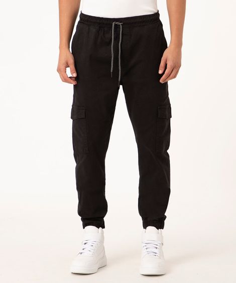 calça jogger cargo de sarja com cordão preta