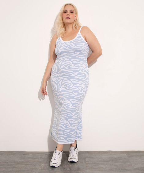 vestido plus size midi de tricô psicodélico mindset azul