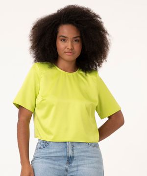 blusa cropped de cetim manga curta com ombreira verde