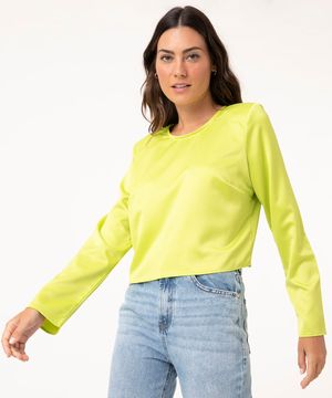 blusa cropped de cetim manga longa com ombreira verde