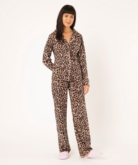 pijama americano manga longa fleece animal print marrom