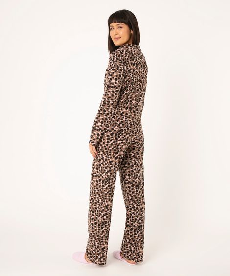 pijama americano manga longa fleece animal print marrom