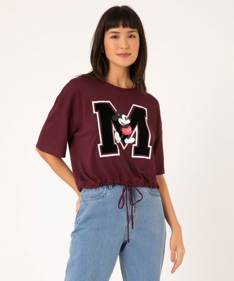 camiseta cropped de moletinho mickey com amarração vinho