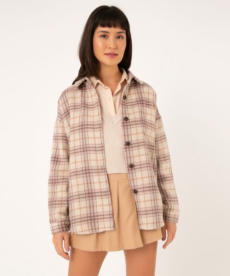 jaqueta shacket de flanela xadrez rosa