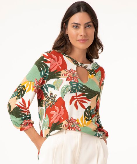 blusa folhagem manga 3/4 bege