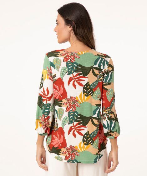 blusa folhagem manga 3/4 bege