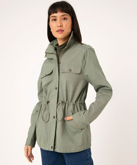 parka de sarja com bolsos e cordão verde militar