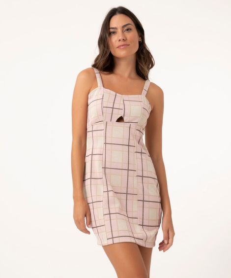 vestido curto xadrez alça média rosa claro
