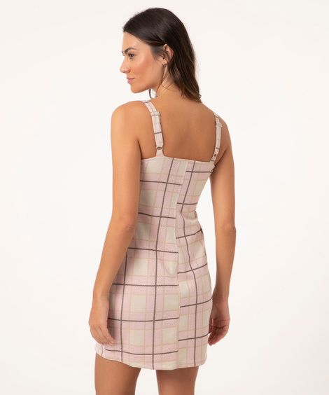vestido curto xadrez alça média rosa claro