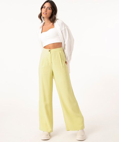 calça feminina wide leg de viscose com pregas verde