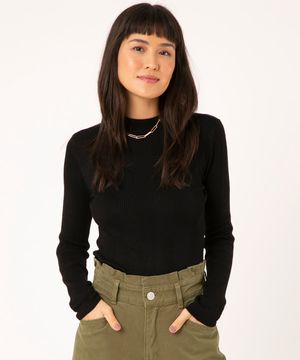 suéter básico de tricô canelado preto