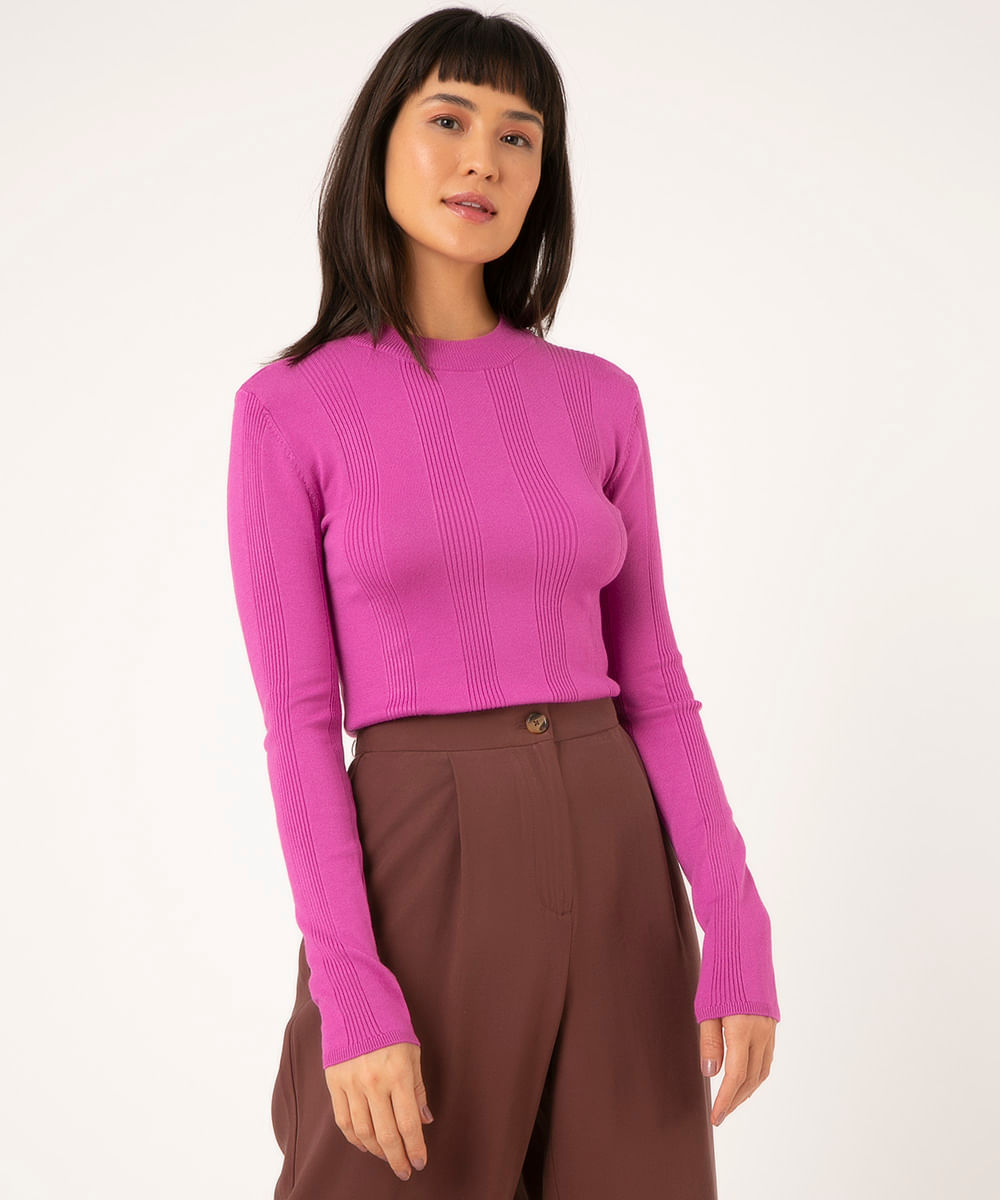 suéter básico de tricot canelado - roxo violeta