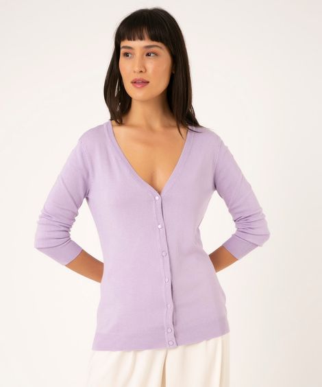 cardigan de tricô manga longa decote v lilás