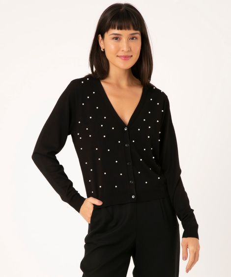 cardigan de tricô com pérolas preto
