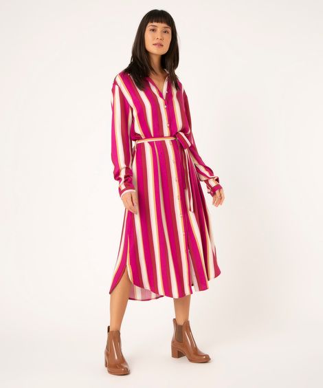 vestido chemise midi de viscose listrado rosa escuro