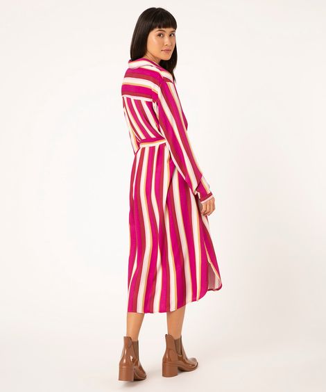 vestido chemise midi de viscose listrado rosa escuro