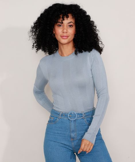 suéter básico de tricot canelado - azul claro