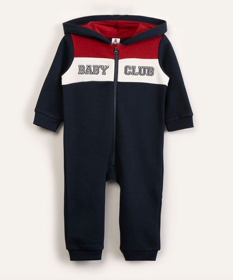 macacão infantil de moletom com capuz azul marinho