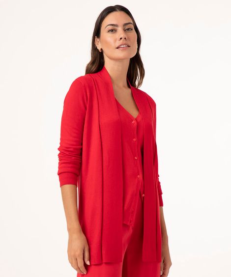 cardigan alongado de tricô gola canelada vermelho médio
