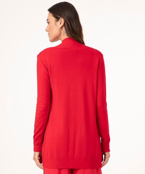 cardigan alongado de tricô gola canelada vermelho médio