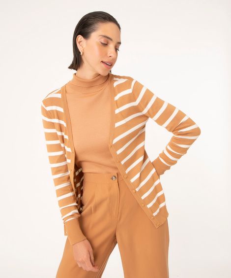 cardigan listrado de tricô caramelo