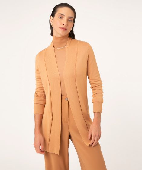 cardigan alongado de tricô gola canelada caramelo