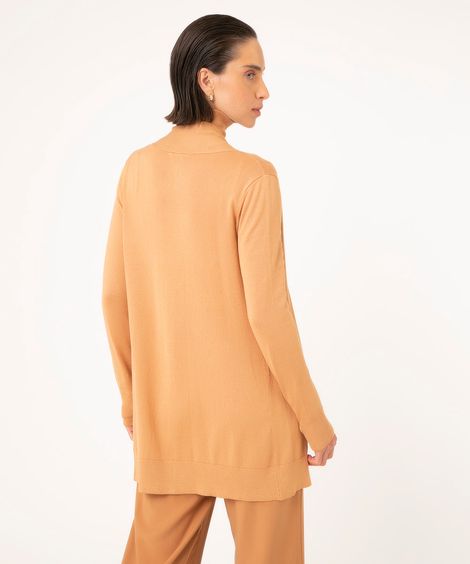 cardigan alongado de tricô gola canelada caramelo