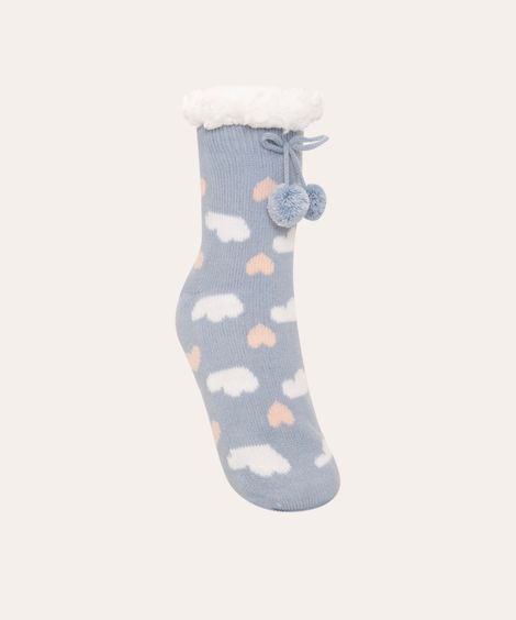 Meia de Inverno Feminina em Tricô Estampada de Corações com Pelo e Pompom Azul Claro
