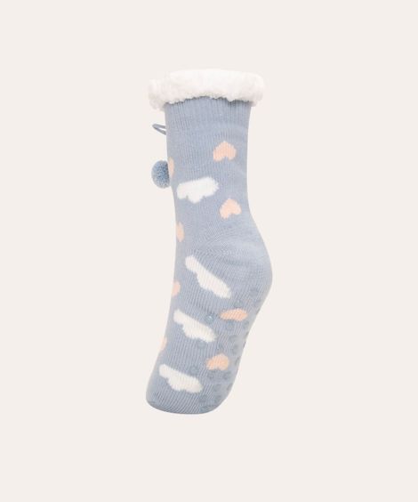 Meia de Inverno Feminina em Tricô Estampada de Corações com Pelo e Pompom Azul Claro