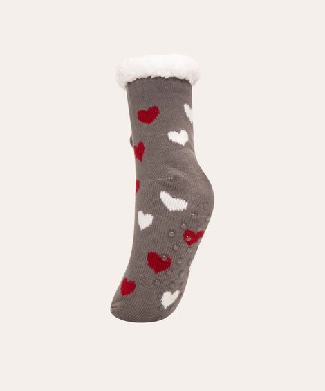 Meia de Inverno Feminina em Tricô com Interior em Pelo Estampada de Corações Chumbo