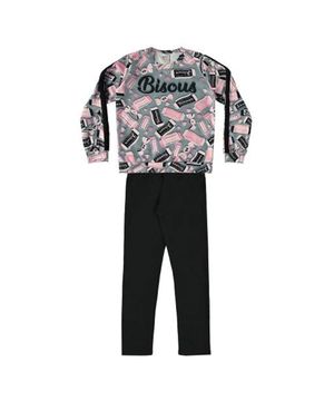 Conjunto Longo Infantil Menina Blusa Legging Boca Grande Preto e  cinza