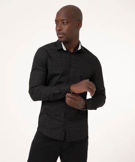 Camisa Masculina Slim Estampada Manga Longa Preta