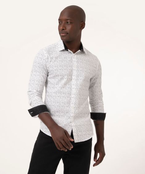camisa slim manga longa estampada branco