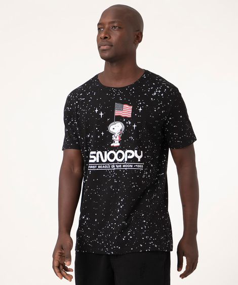 Camiseta Masculina Estampada Manga Curta Snoopy Gola Careca Preta