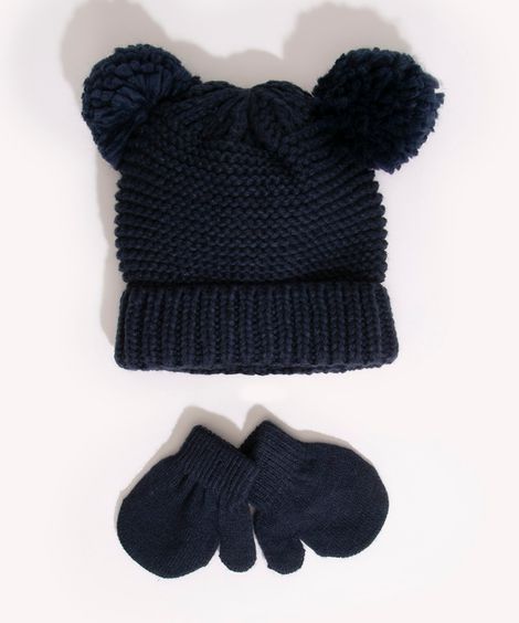 kit bebê touca + par de luvas de tricô com pompons azul marinho