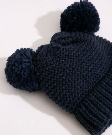 kit bebê touca + par de luvas de tricô com pompons azul marinho