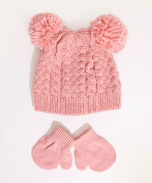 kit bebê touca + par de luvas de tricô com pompons rosa